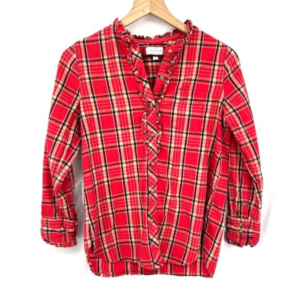 Lucky Brand Audrey Ruffle Plaid Tunic Shirt cotton linen blend red blouse XS